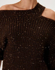 Brown Sequined Cut Out Knitwear Sweater