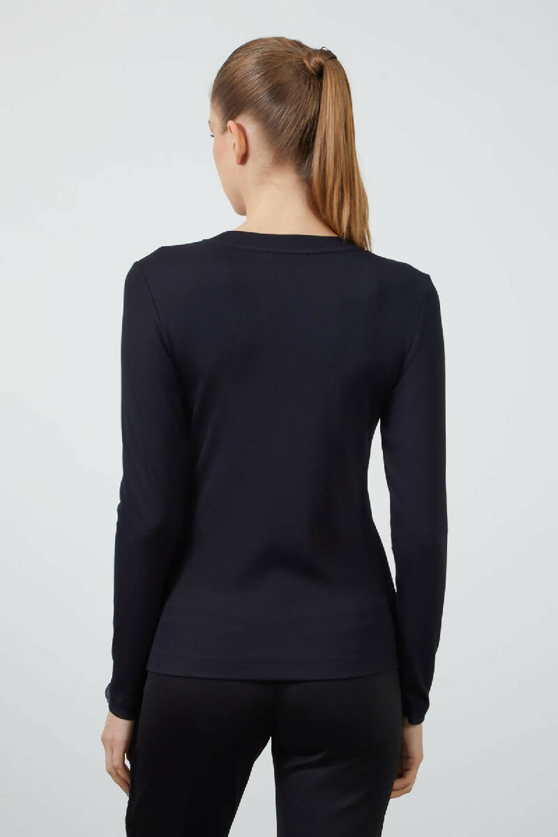 Sleeve End Label Detailed Collar Black Blouse with Stone