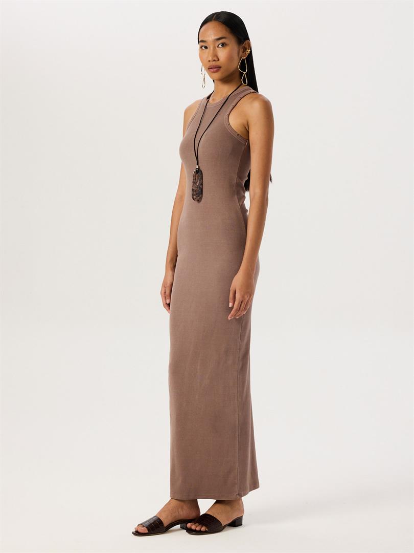 Aged Look Ribbed Swim Neck Maxi Dress - Brown