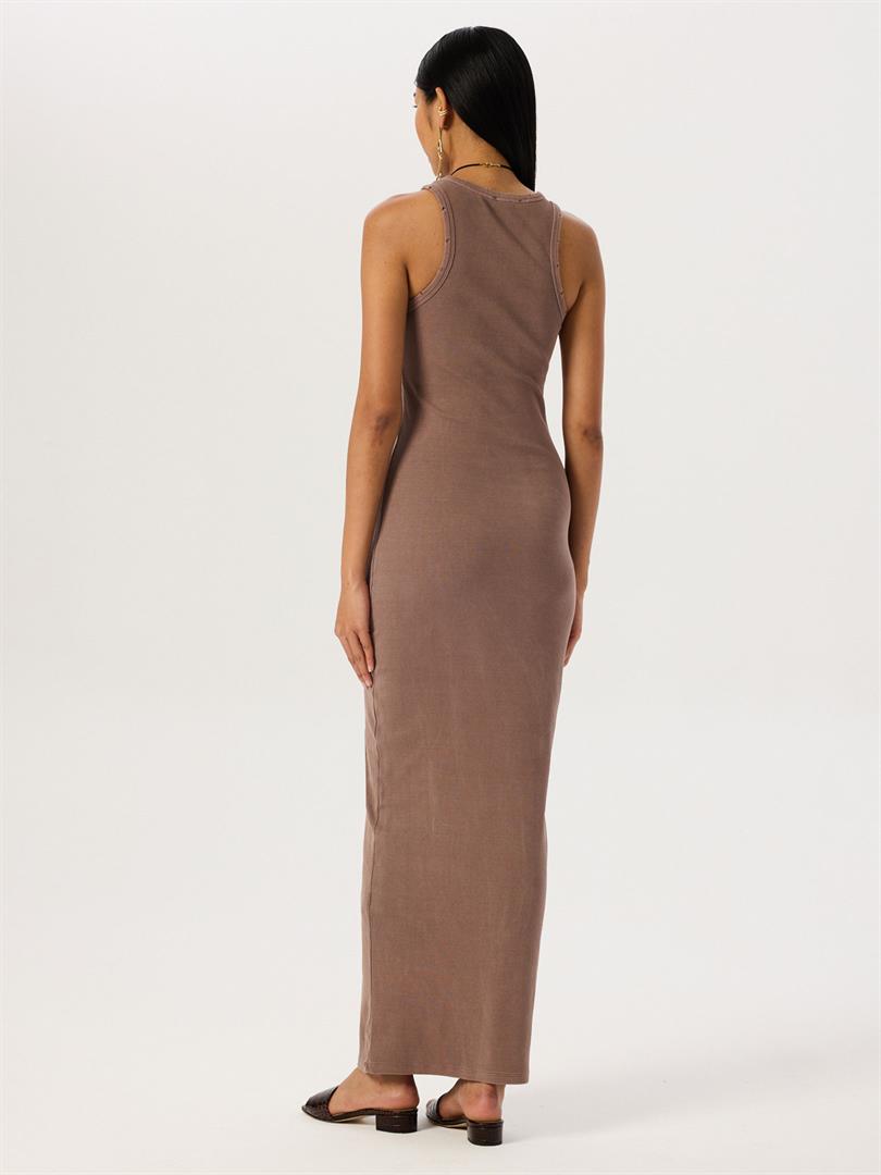 Aged Look Ribbed Swim Neck Maxi Dress - Brown