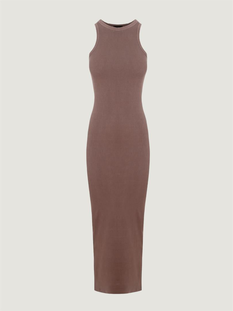 Aged Look Ribbed Swim Neck Maxi Dress - Brown