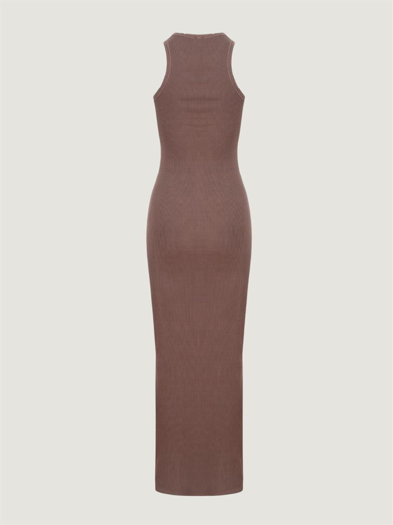 Aged Look Ribbed Swim Neck Maxi Dress - Brown