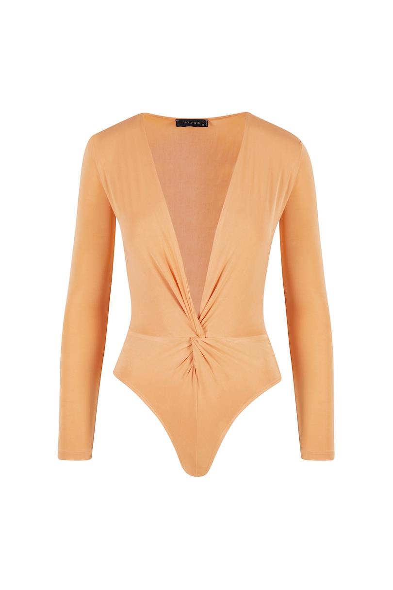 Iconic Long Sleeved Bodysuit with Twisted Front Snap Bottom Orange  - Porterist 1