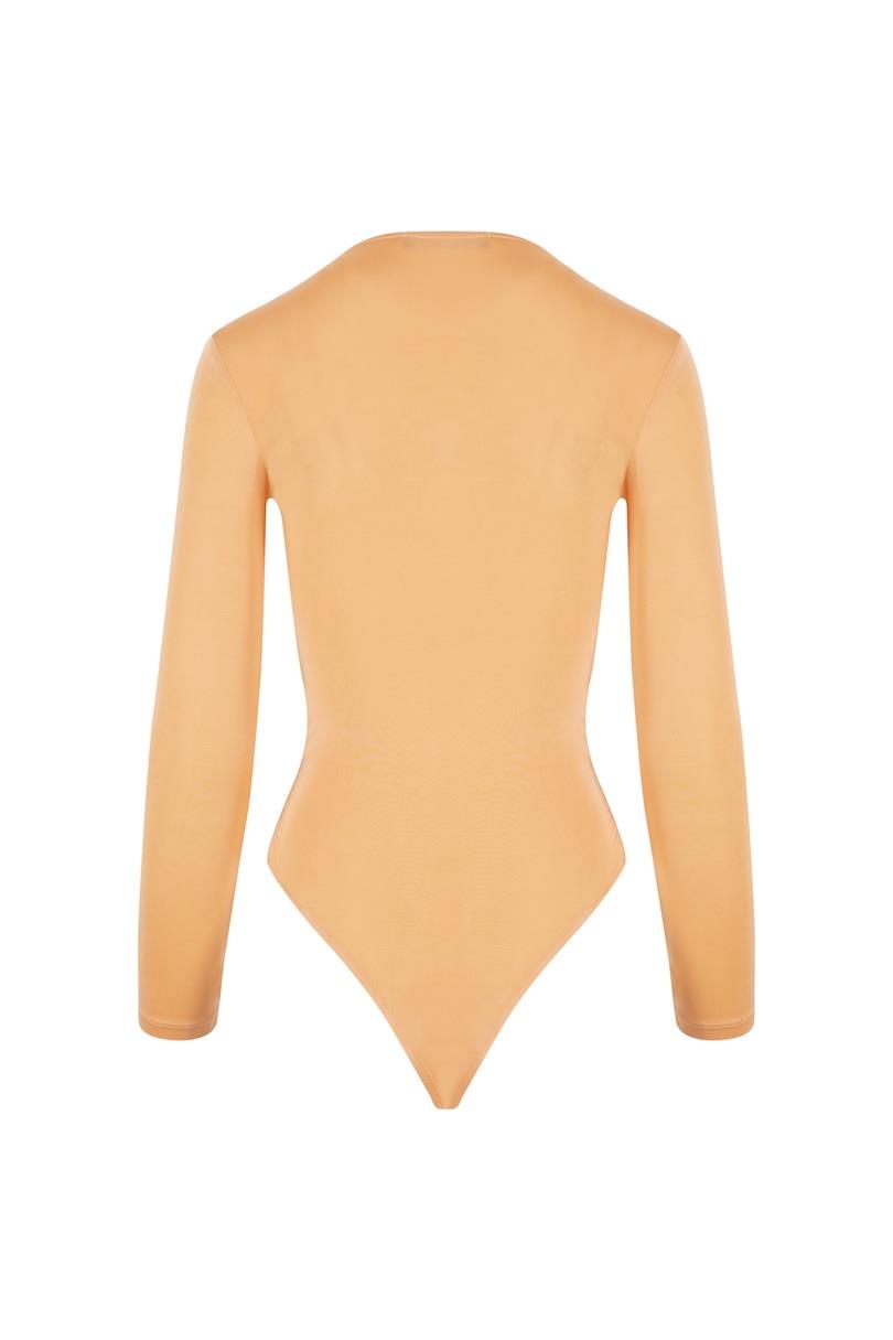 Iconic Long Sleeved Bodysuit with Twisted Front Snap Bottom Orange  - Porterist 2