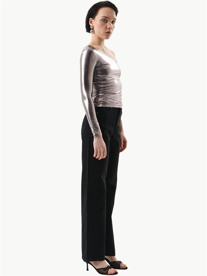 Single Shoulder Long Sleeve Glossy Bodysuit Silver  - Porterist 3