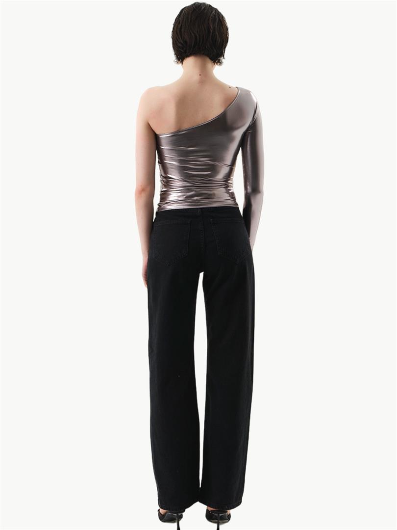 Single Shoulder Long Sleeve Glossy Bodysuit Silver  - Porterist 4