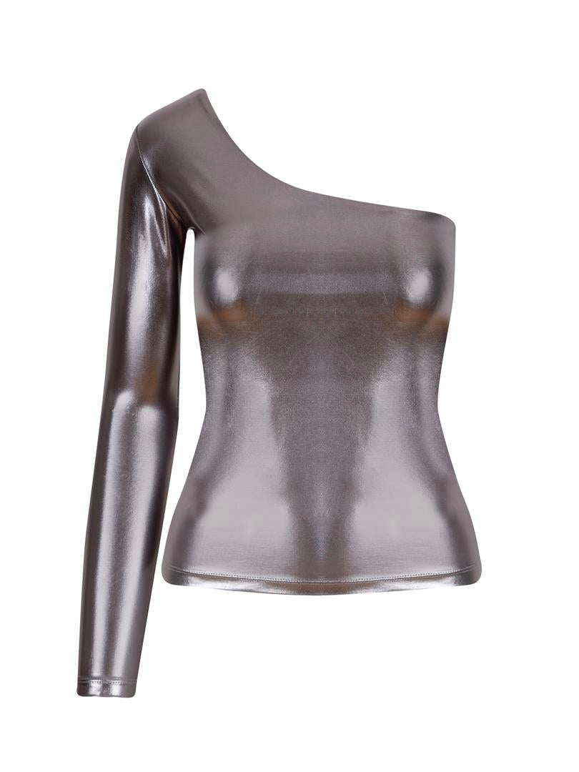 Single Shoulder Long Sleeve Glossy Bodysuit Silver  - Porterist 5