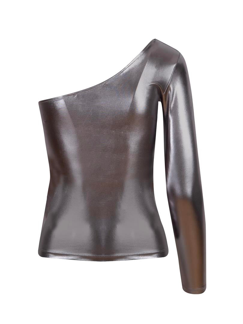 Single Shoulder Long Sleeve Glossy Bodysuit Silver  - Porterist 6