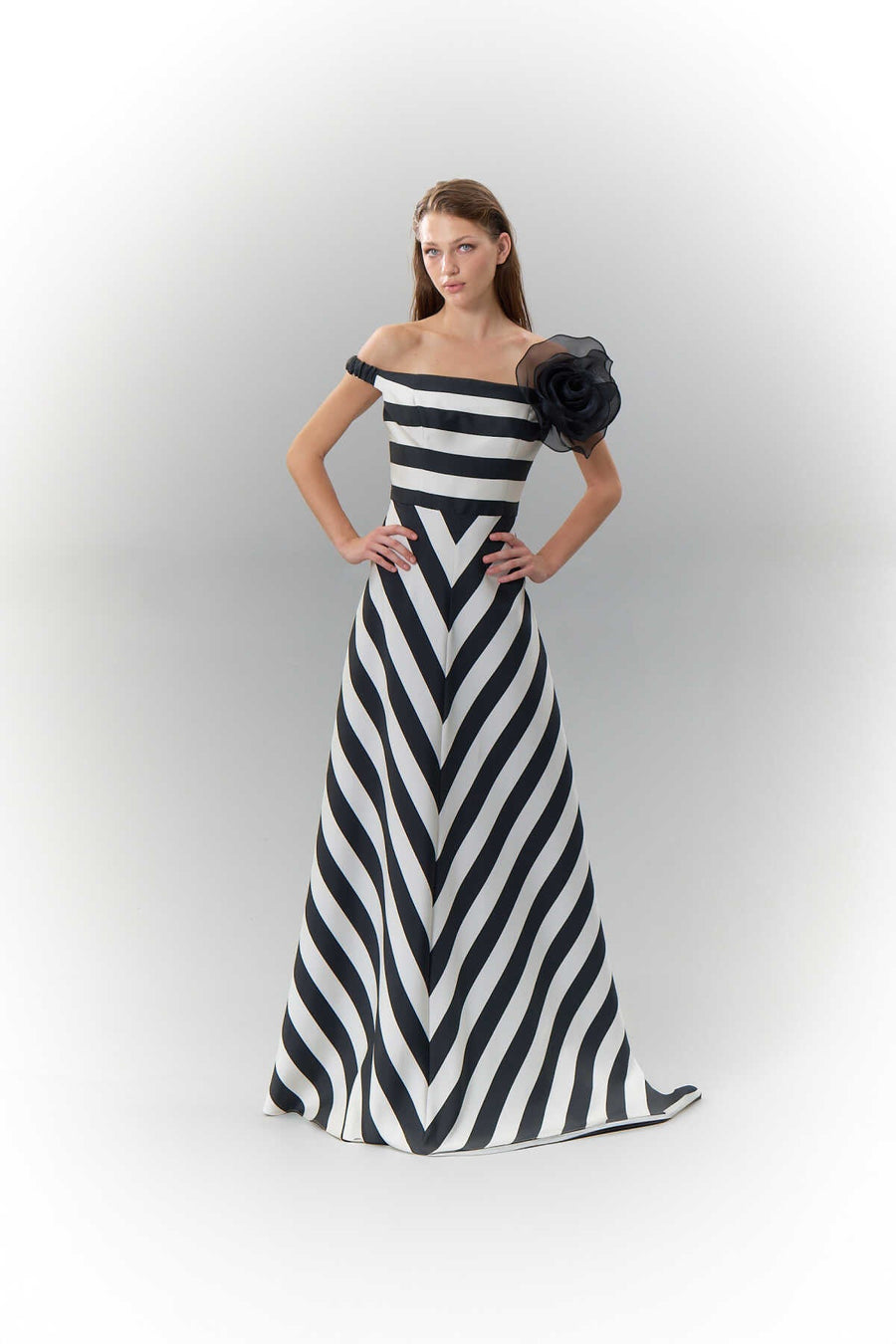 Boat Neck Striped Maxi Length Taffeta Dress Black Ecru  - Porterist 1