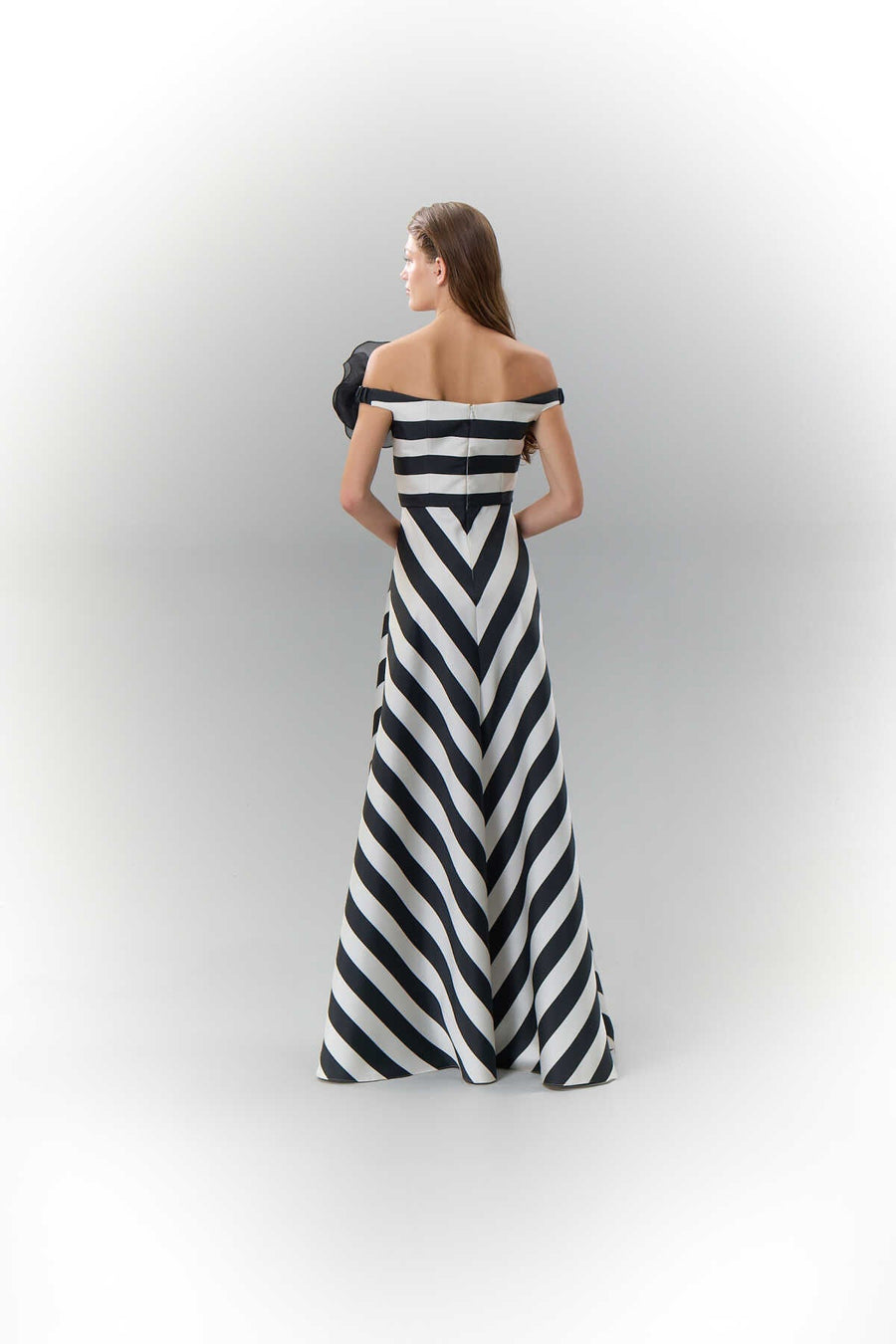 Boat Neck Striped Maxi Length Taffeta Dress Black Ecru  - Porterist 2