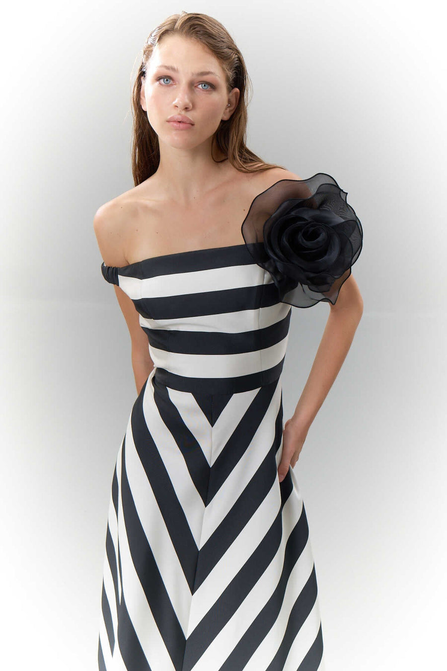 Boat Neck Striped Maxi Length Taffeta Dress Black Ecru  - Porterist 3