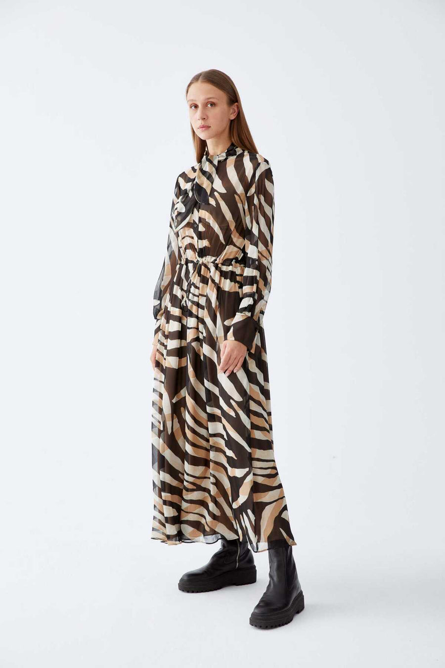 Line Patterned Long Sleeve Chiffon Dress Standard Color  - Porterist 1