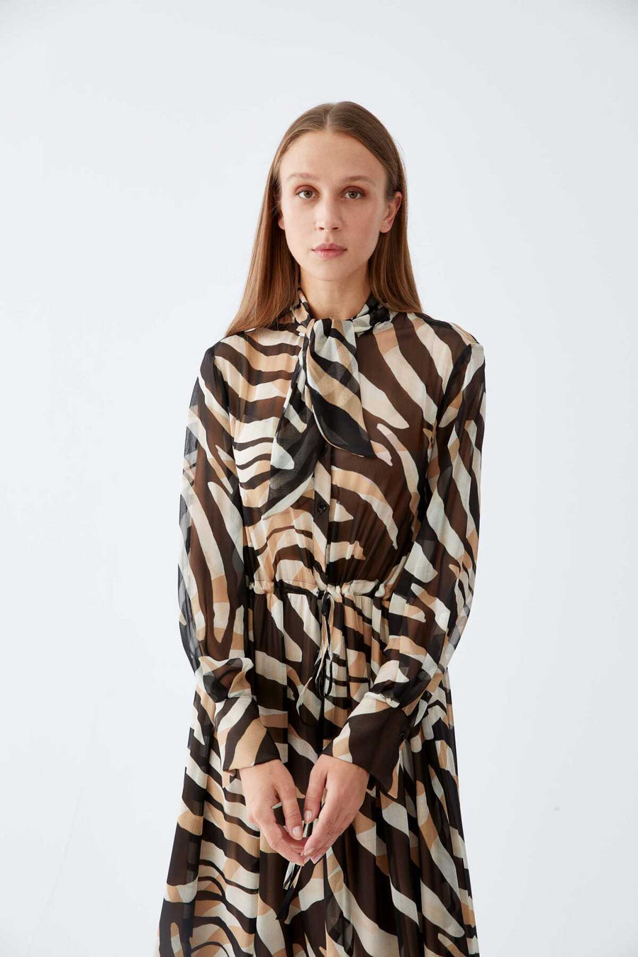 Line Patterned Long Sleeve Chiffon Dress Standard Color  - Porterist 3