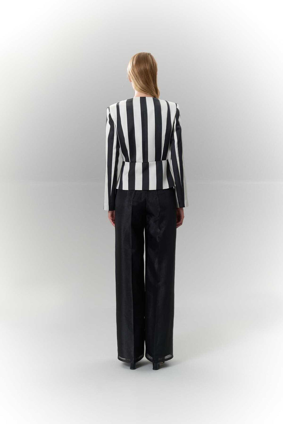 Çzigili Double breasted Taffeta Jacket with Fitted Waist Black Ecru  - Porterist 2