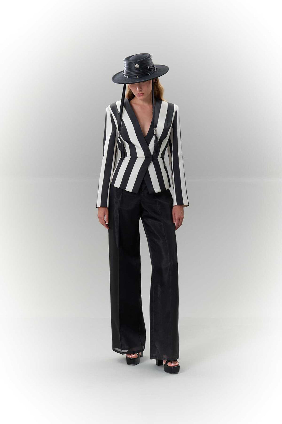 Çzigili Double breasted Taffeta Jacket with Fitted Waist Black Ecru  - Porterist 3