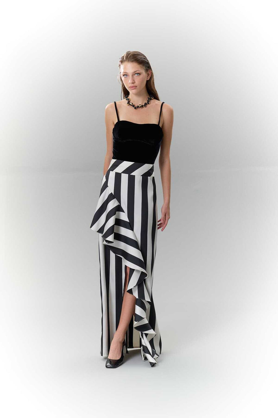 Striped Asymmetric Maxi Length Taffeta Skirt Black Ecru  - Porterist 1