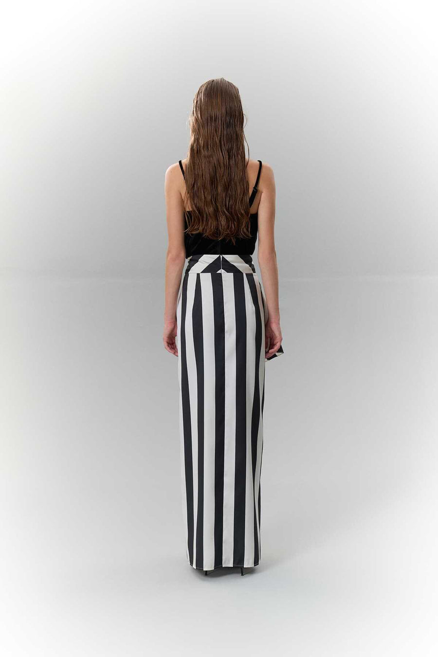Striped Asymmetric Maxi Length Taffeta Skirt Black Ecru  - Porterist 2
