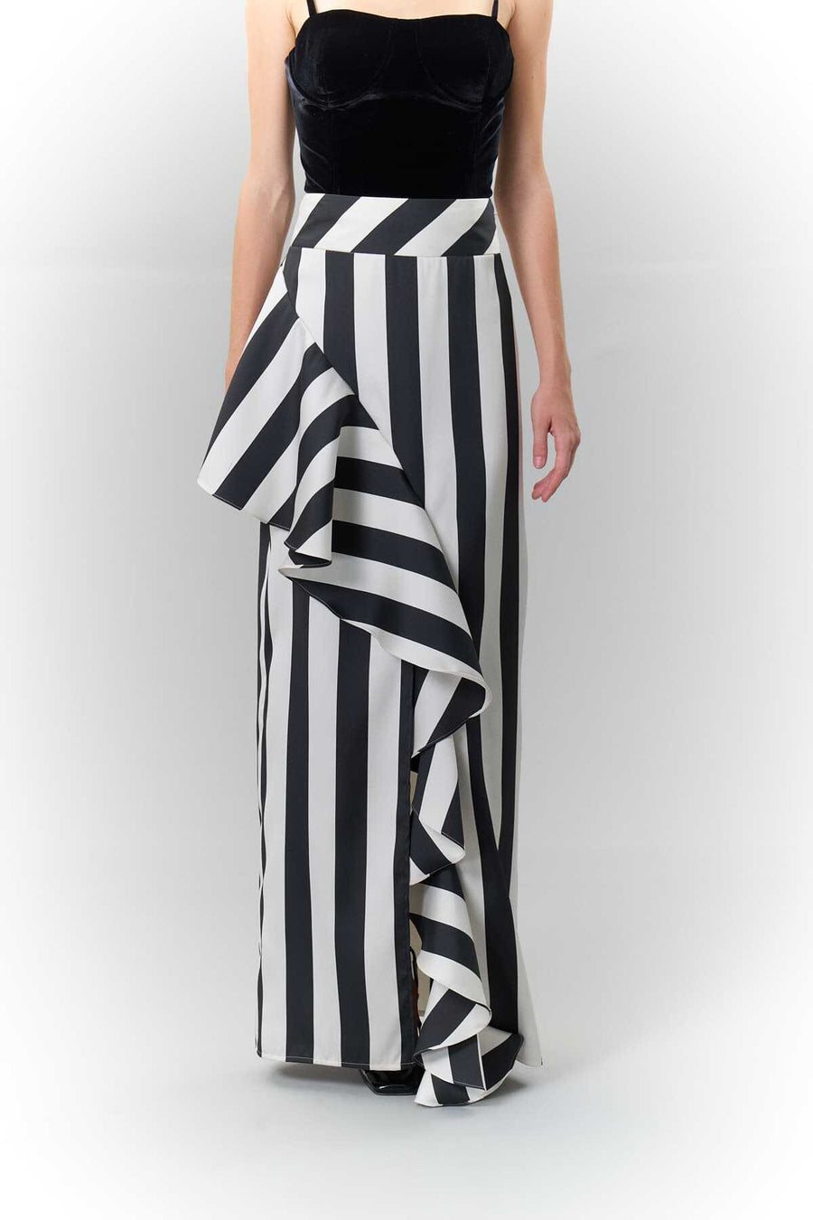 Striped Asymmetric Maxi Length Taffeta Skirt Black Ecru  - Porterist 3