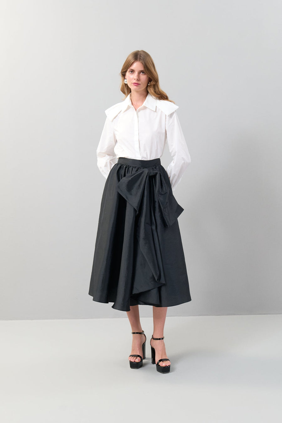 Taffeta Bow Detail Midi Length Skirt Black