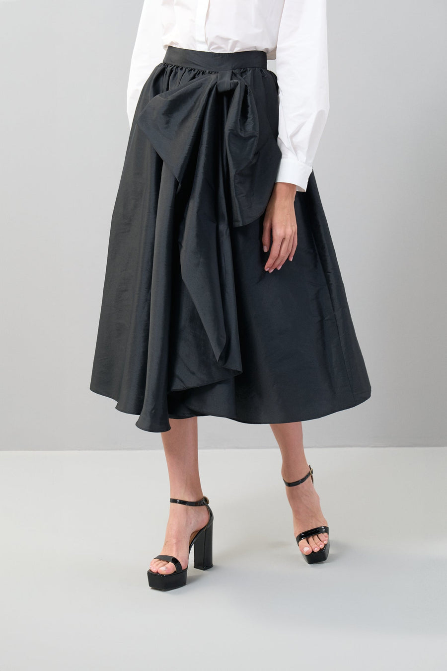 Taffeta Bow Detail Midi Length Skirt Black