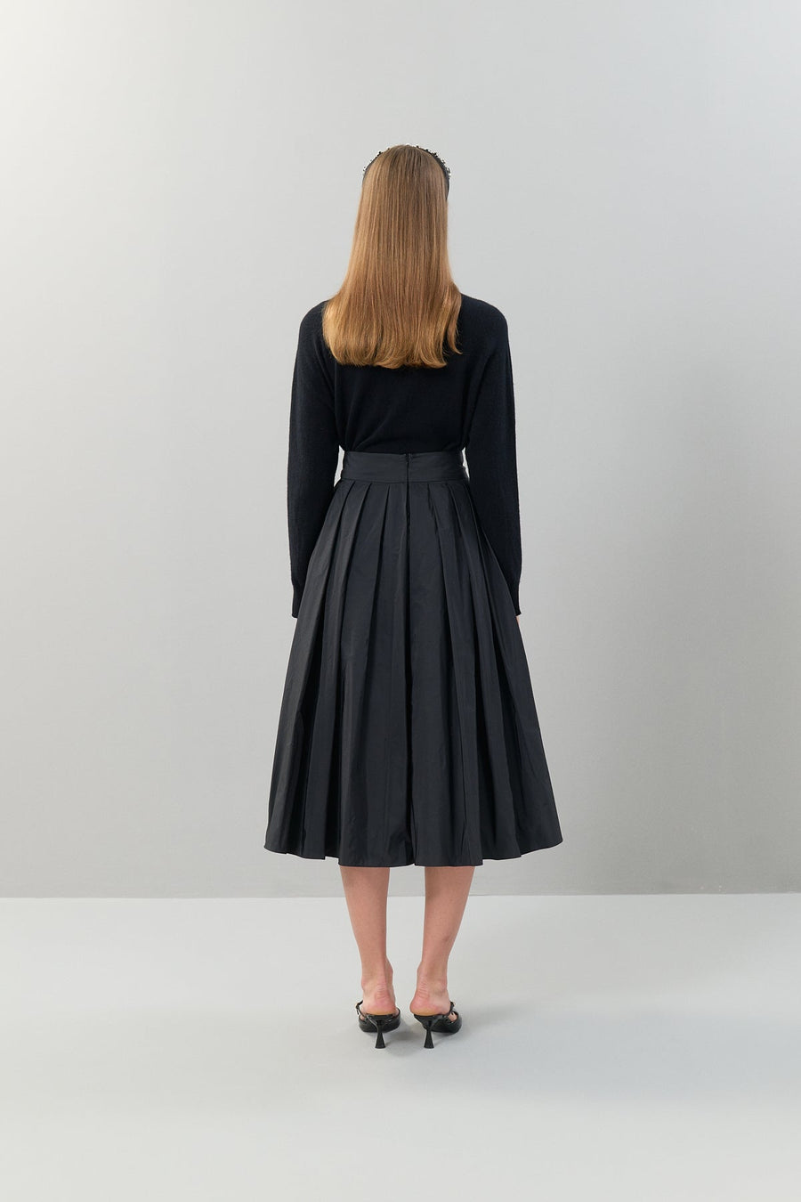 Taffeta Pleated Midi Length Skirt Black