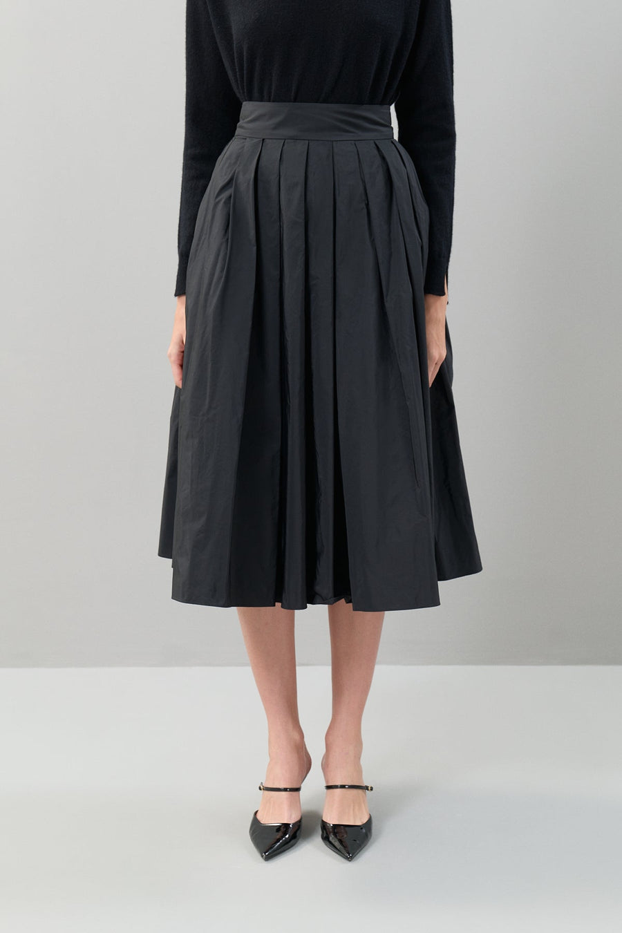Taffeta Pleated Midi Length Skirt Black