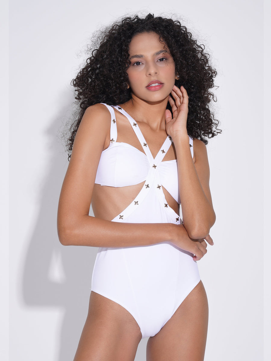 Rossini Cutout White Swimsuit With Gold Pin | Porterist