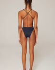 Savanna Econyl® V - neck Cross Straps Swimsuit Navy Blue