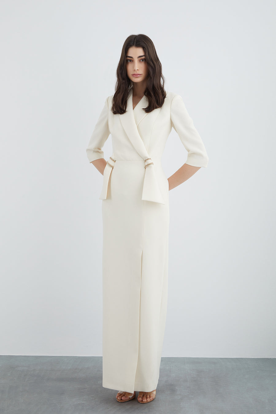 Beige Long Dress With Stylish Collar Detail Embroidered Neckline Wadding Fınal Item - Porterist 1