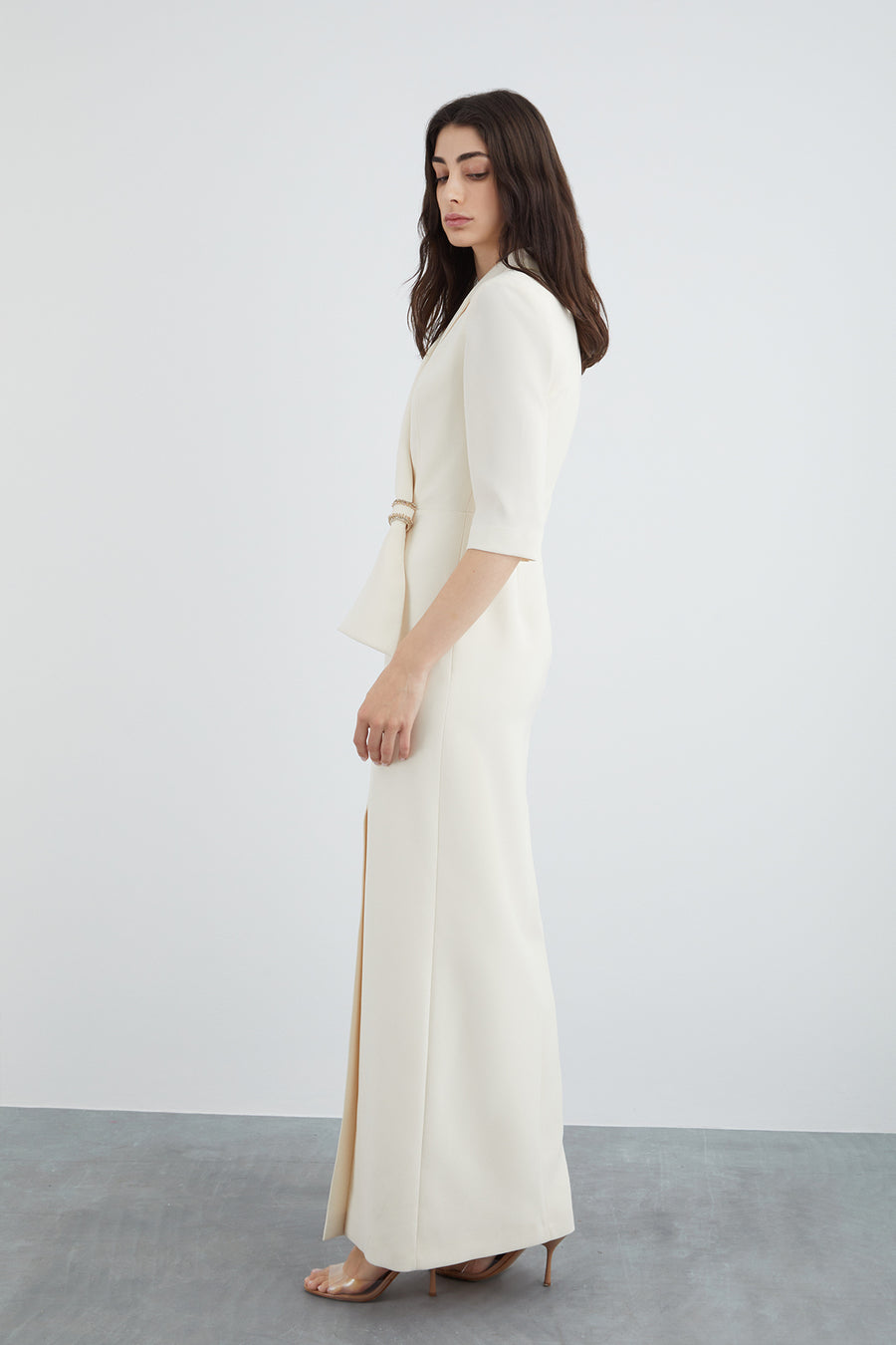 Beige Long Dress With Stylish Collar Detail Embroidered Neckline Wadding Fınal Item - Porterist 2