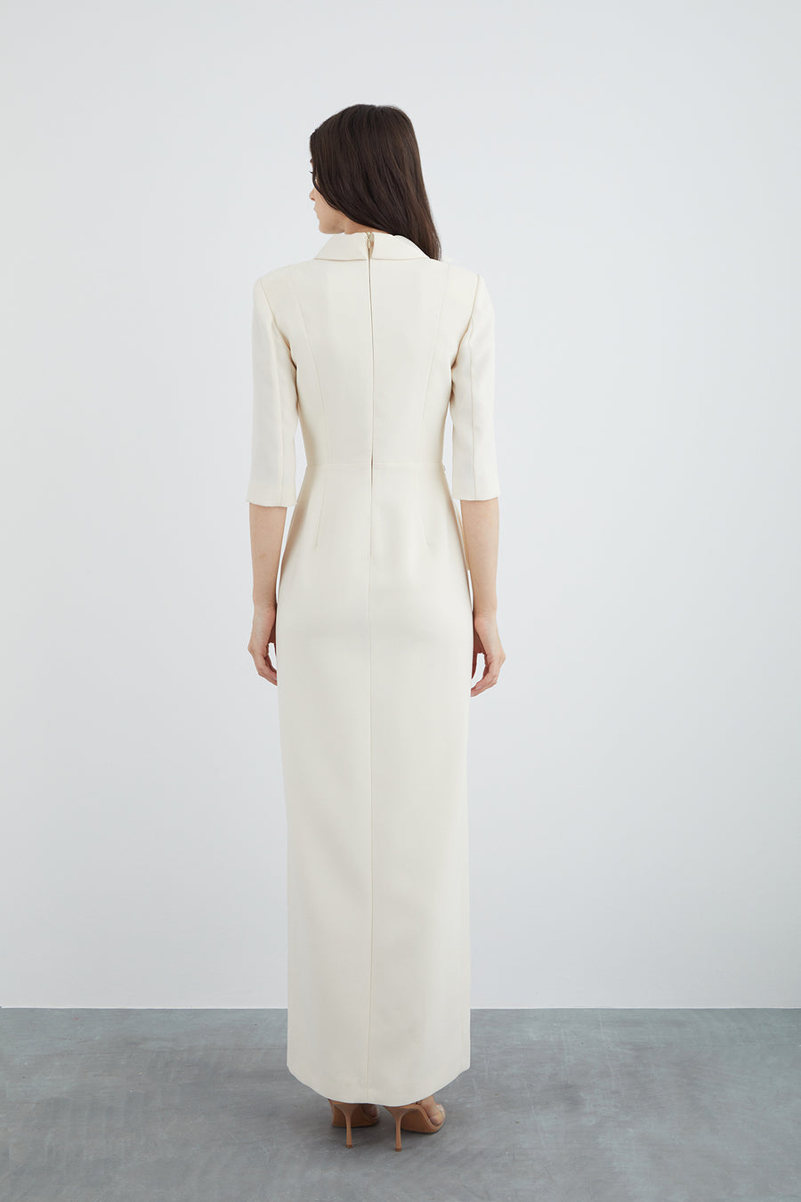 Beige Long Dress With Stylish Collar Detail Embroidered Neckline Wadding Fınal Item - Porterist 3
