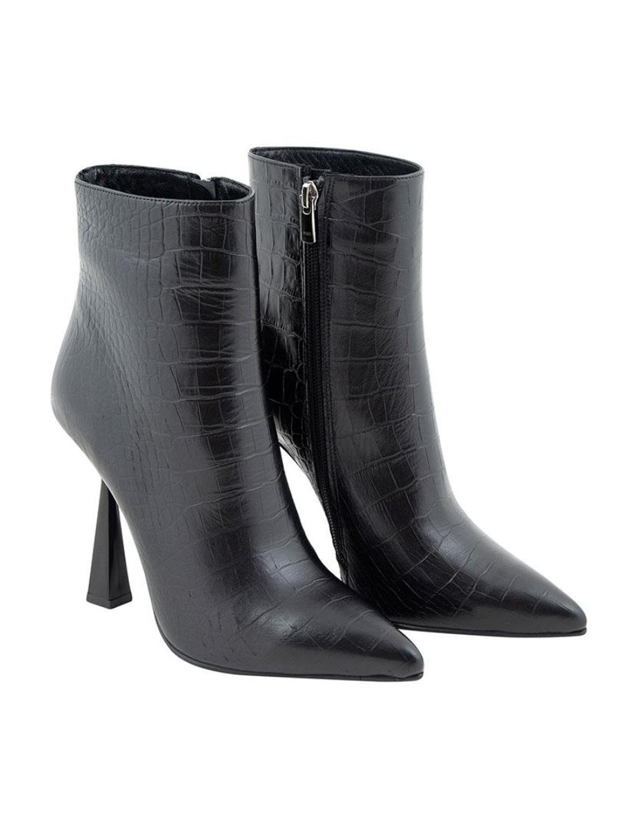 Black Leather Croco Short Heel Boots