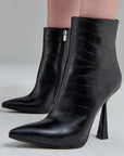 Black Leather Croco Short Heel Boots