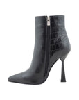 Black Leather Croco Short Heel Boots