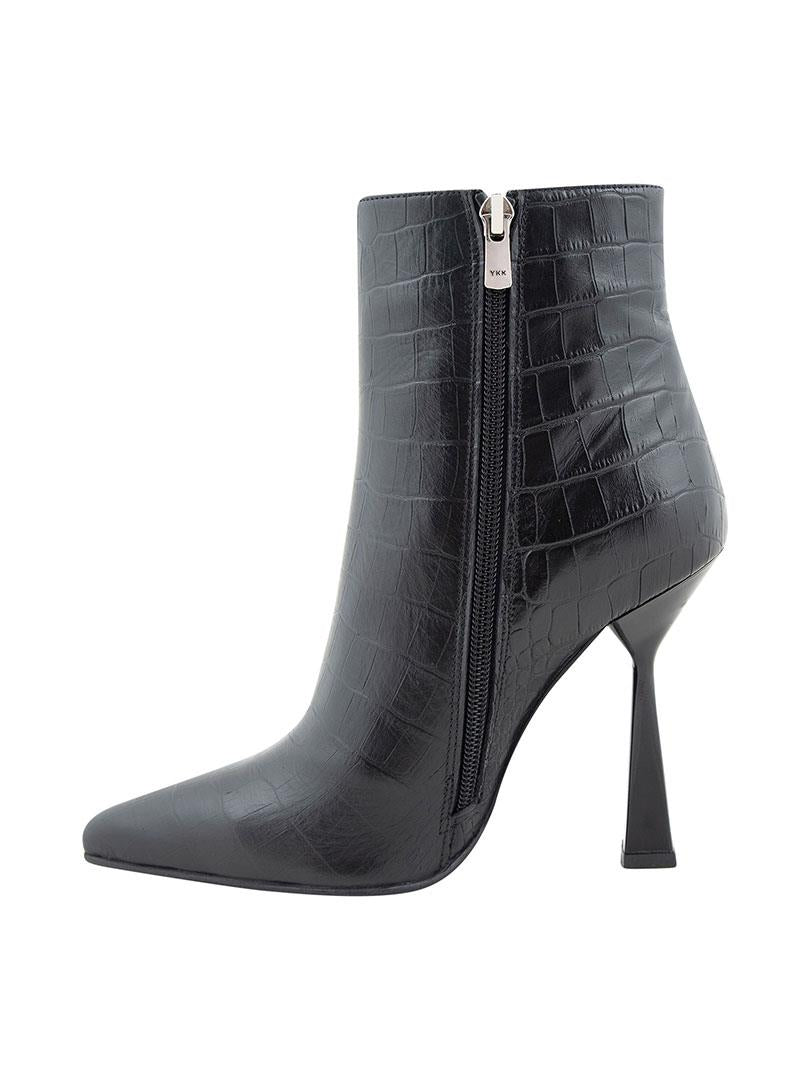 Black Leather Croco Short Heel Boots