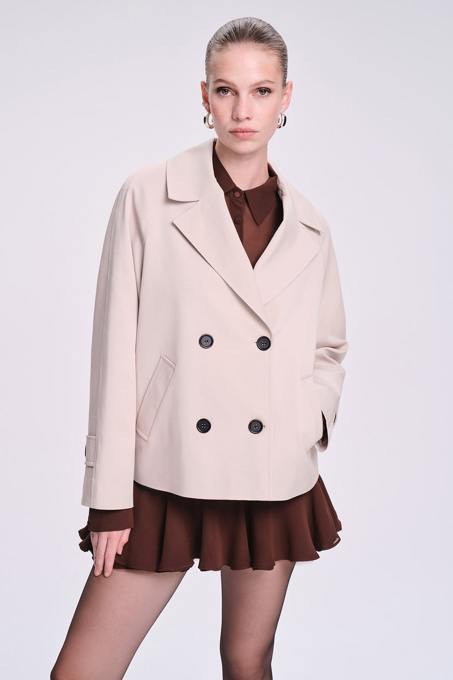 Beige Slim Fit Plain Mono Collar Cotton Trench Coat