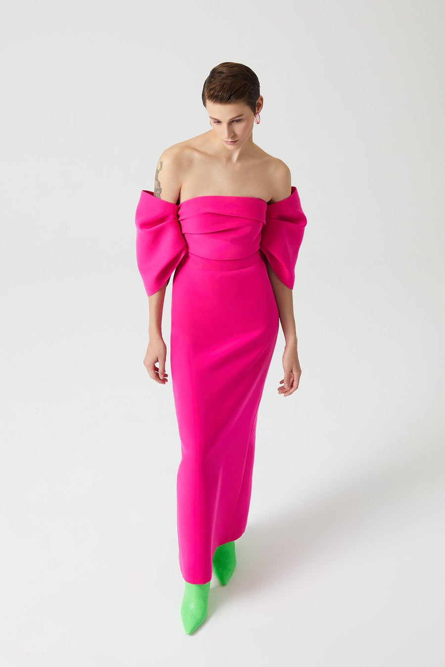 Fuchsia Strapless Low Balloon Sleeve Long Dress Fınal Item - Porterist 1