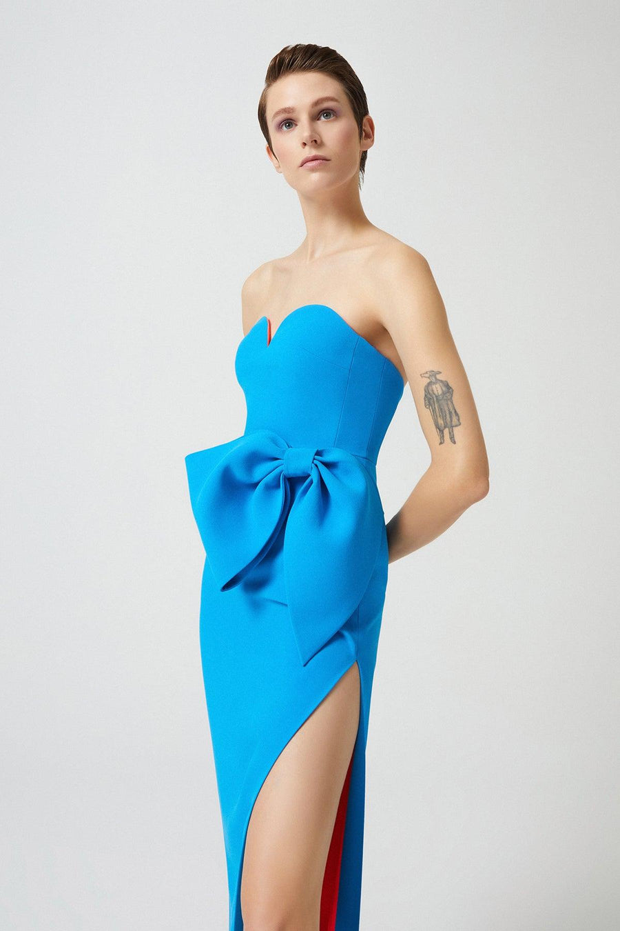 Blue Strapless Bow Detailed Slit Dress Fınal Item - Porterist 3