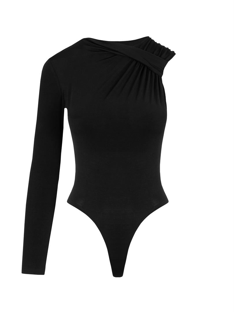 Single Sleeve Collar Detailed Snap Bodysuit Black  - Porterist 4