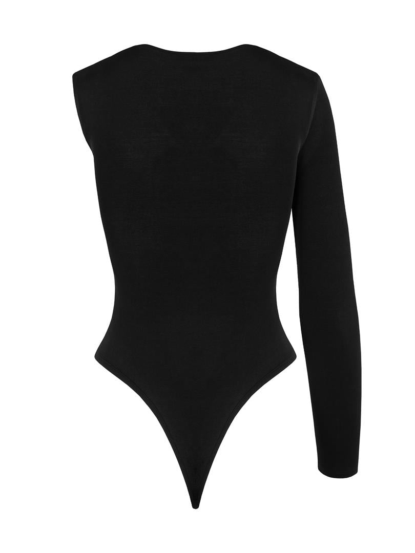 Single Sleeve Collar Detailed Snap Bodysuit Black  - Porterist 5