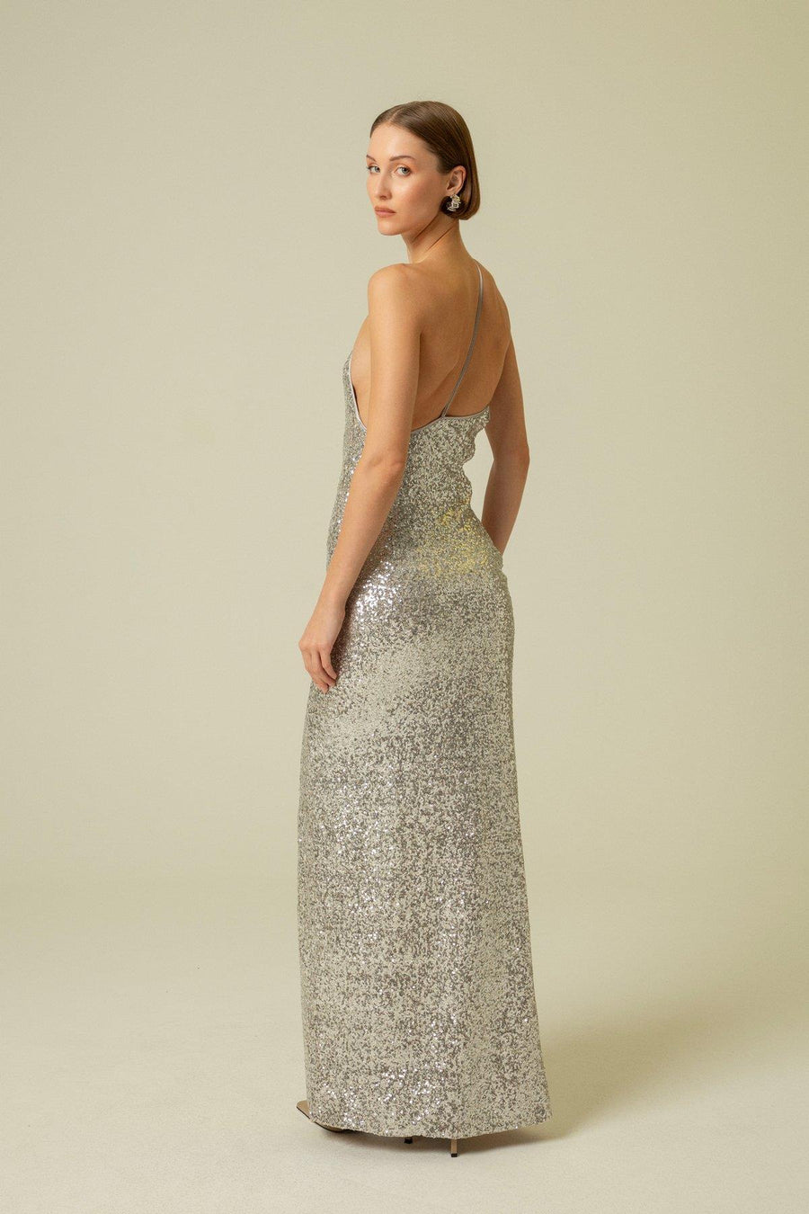 Sequin Silver Long Dress With One Shoulder Strap Fınal Item - Porterist 2