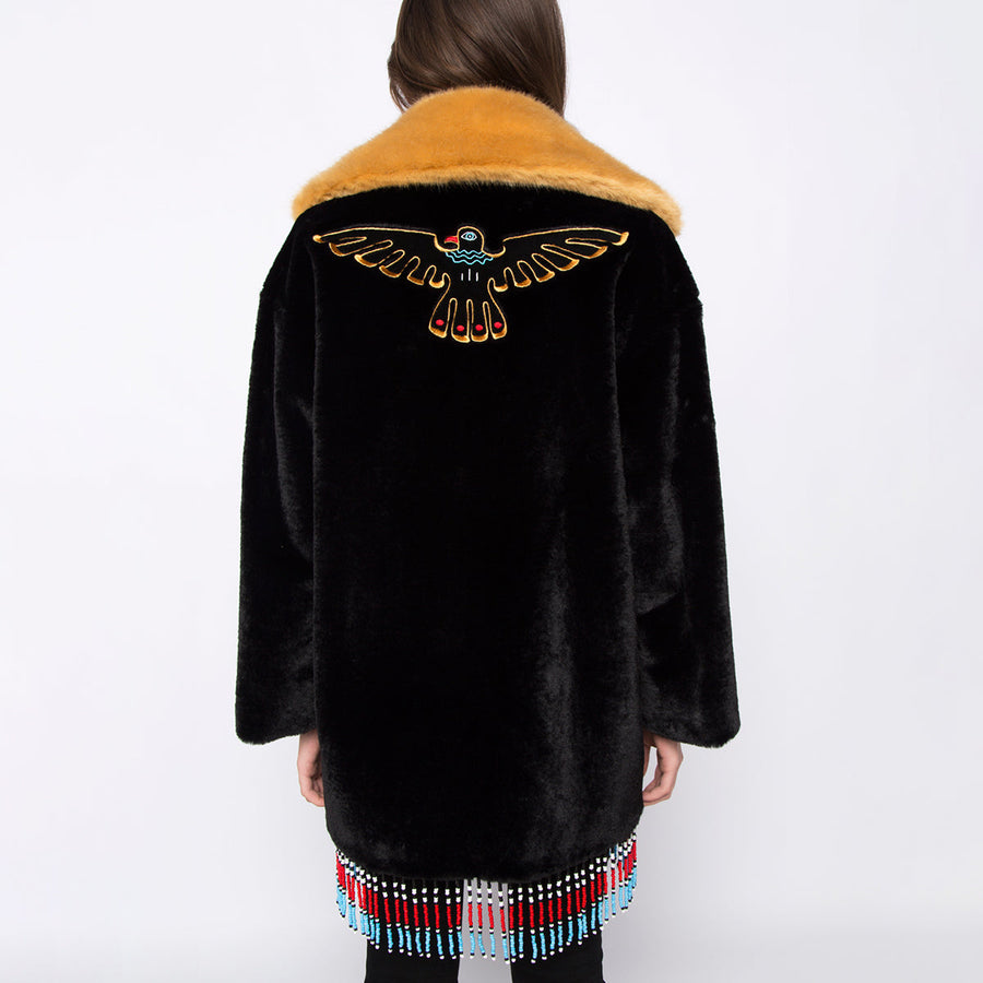 Texas Beaded And Embroidered Black & Yellow Faux Fur Coat