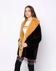 Texas Beaded And Embroidered Black & Yellow Faux Fur Coat