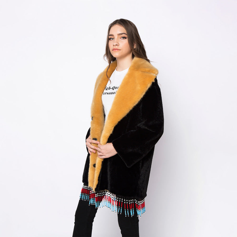 Texas Beaded And Embroidered Black & Yellow Faux Fur Coat