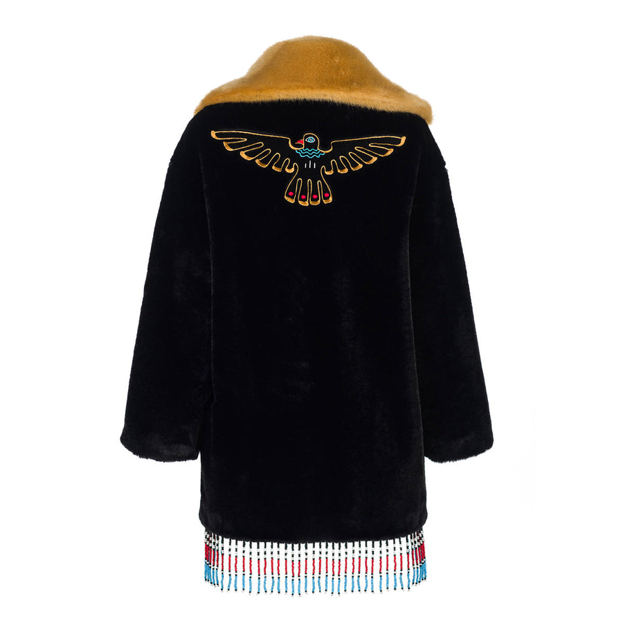 Texas Beaded And Embroidered Black & Yellow Faux Fur Coat