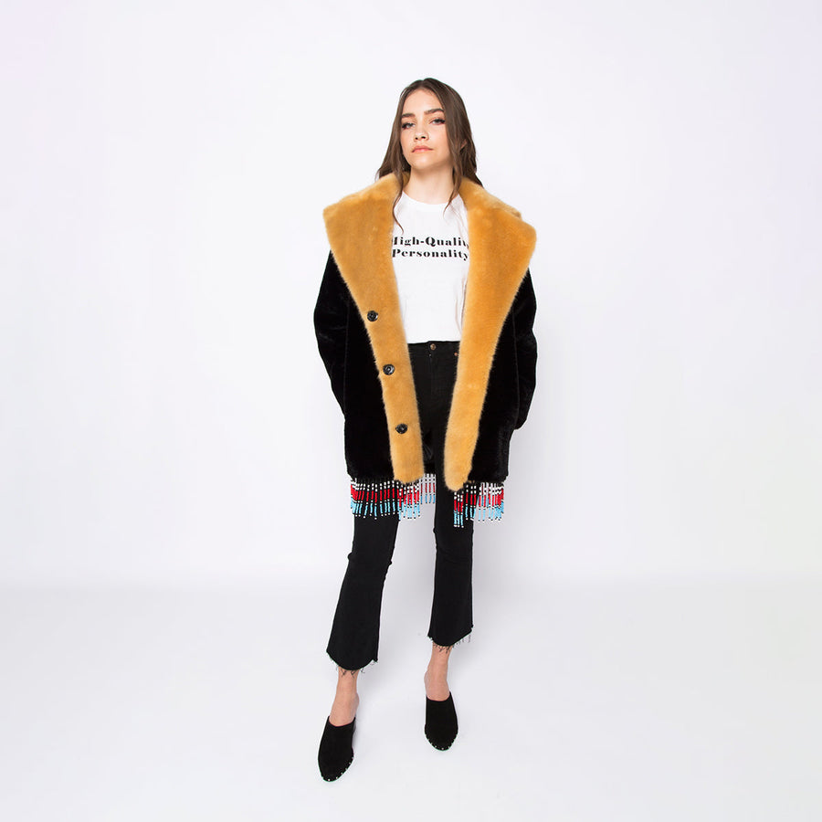 Texas Beaded And Embroidered Black & Yellow Faux Fur Coat