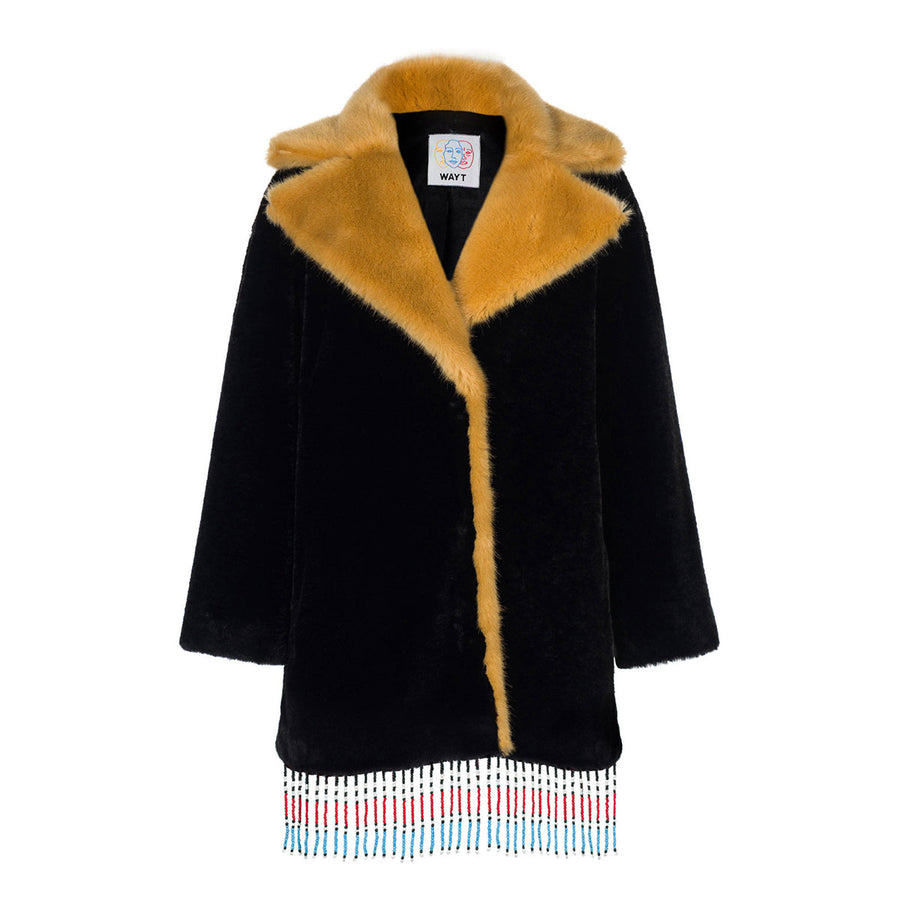 Texas Beaded And Embroidered Black & Yellow Faux Fur Coat