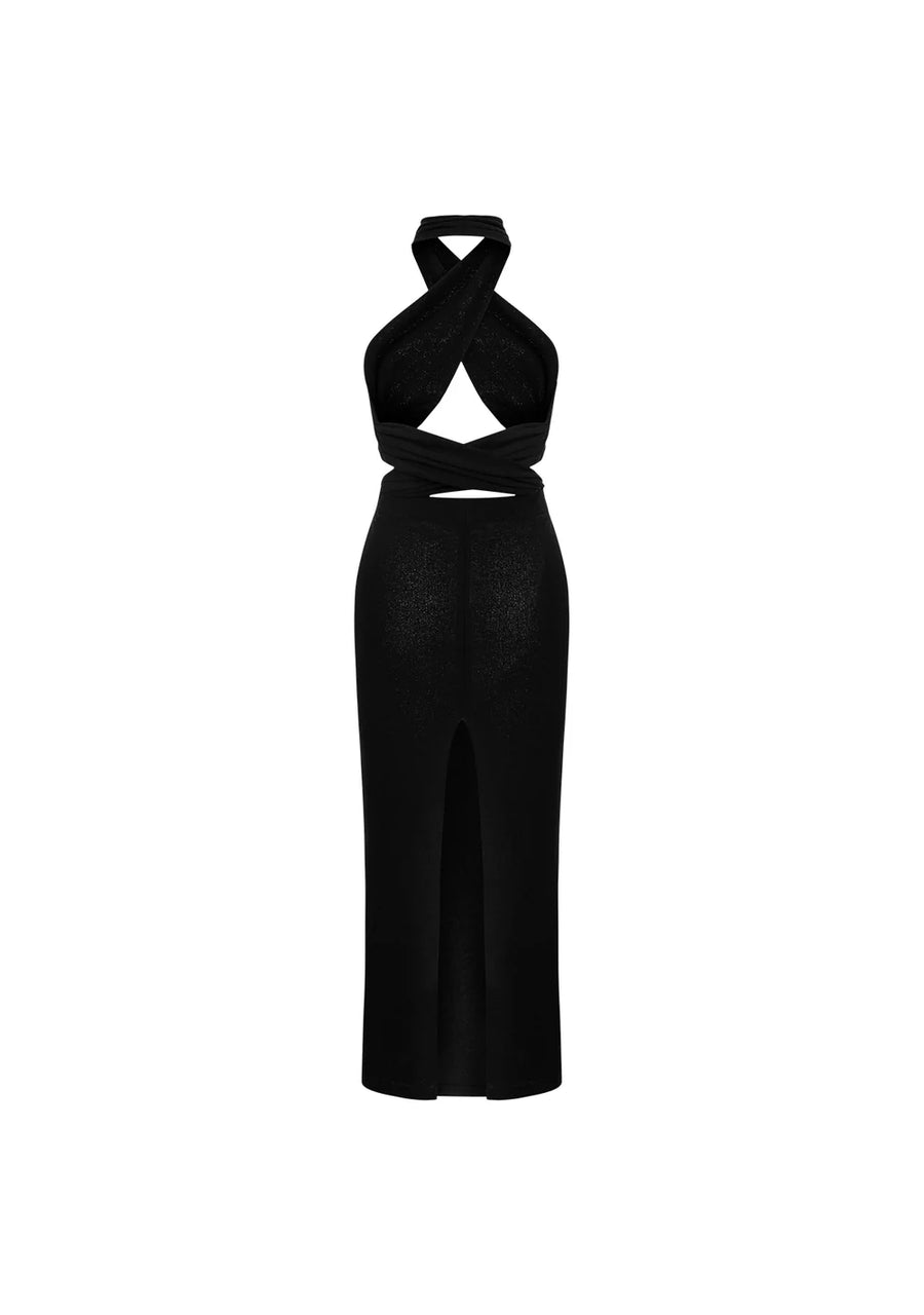 %100 Cotton Si Front Cross High Neck Tie Black Knit Dress