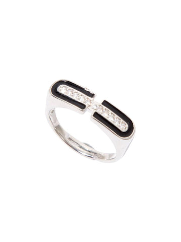 Thin Ring with Stones and Black Enamel - Silver