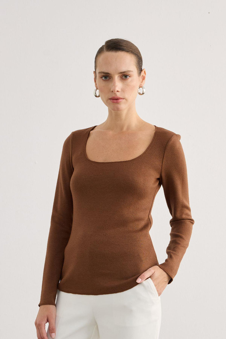 Long Sleeve Lycra Brown Basic Blouse